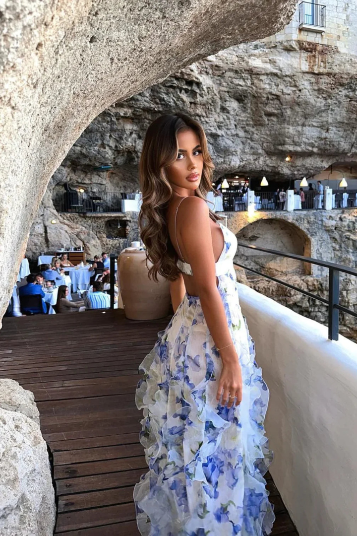 Robe Maxi à Volants Floraux | Élégance & Légèreté | Silhouette Raffinée
