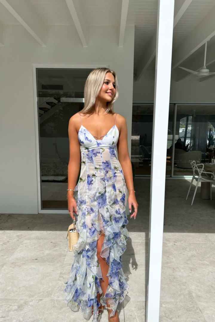 Robe Maxi à Volants Floraux | Élégance & Légèreté | Silhouette Raffinée